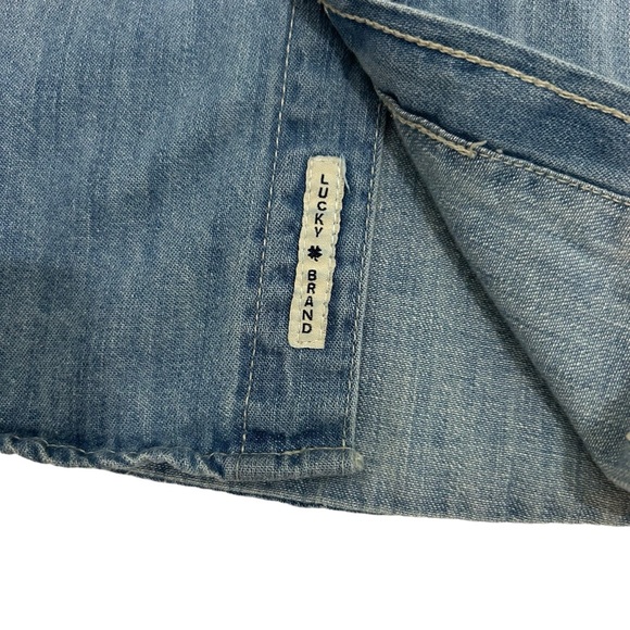Lucky Brand Women’s Blue Chambray Distressed Button Down Shirt, Size Medium - Picture 7 of 15